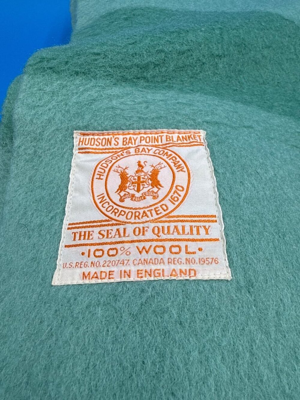 Vintage Hudsons Bay 4 Point Green Wool Blanket Made In England 90"x70" - Picture 2 of 5